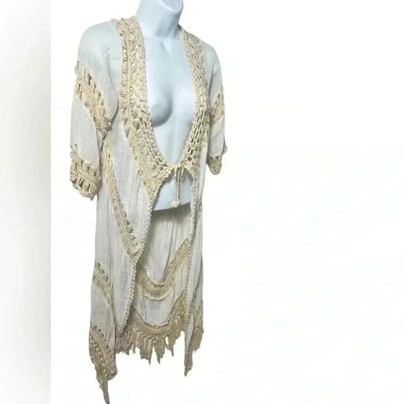 Dreamer Cream boho Swim Cover Duster Sz Large Tie Front - Picture 3 of 11